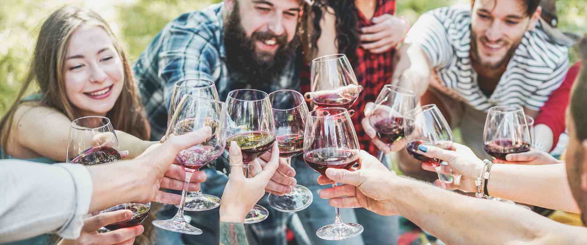 group of people clincking glasses together
